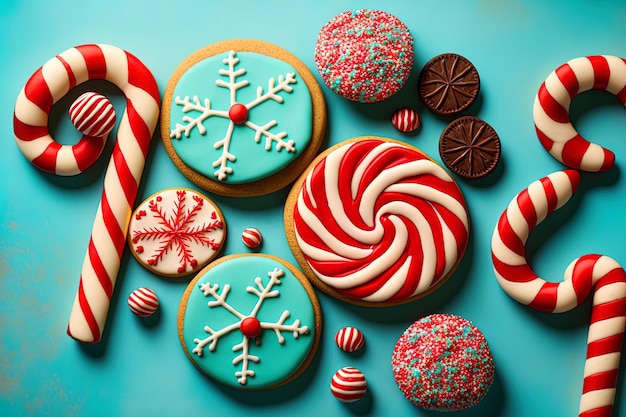 Biscoitos temáticos de Natal sobre bastões de doces com fundo azul