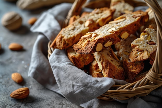 Biscotti di prato auf einem grauen Serviett-Hintergrund Stapel traditioneller italienischer Cantuccini-Nuss-Kekse