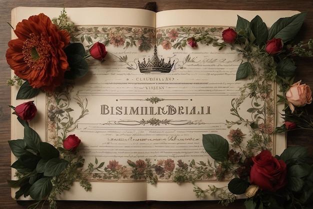 Bismillah Vintage-Seitendekor mit Kronen, Pfeilen und Blumenelementen