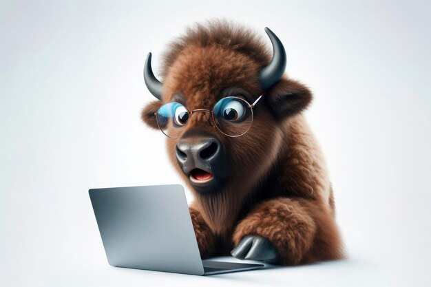 Bison con gafas y una mirada sorprendida en su cara está mirando una computadora portátil sobre un fondo blanco