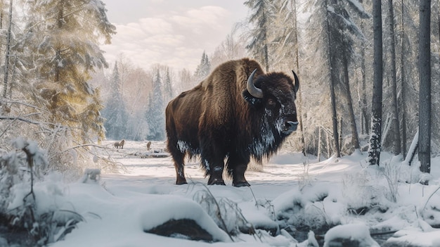 Bisonte alto deambulando por una IA generativa nevada