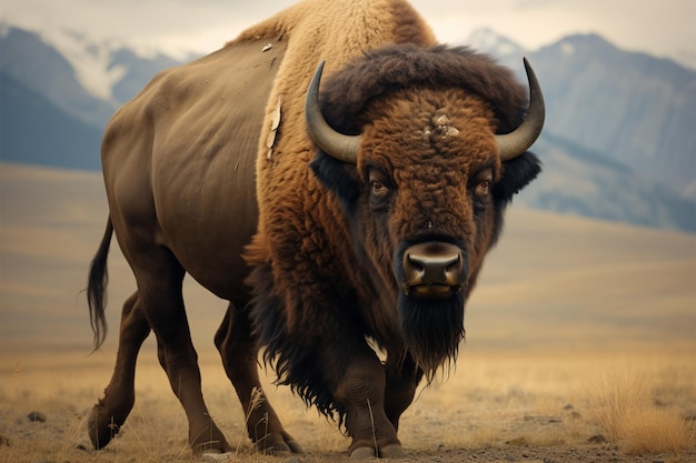 Foto el bisonte de las américas, un poderoso y grandioso herbívoro, gobierna las extensiones de hierba.