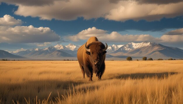 Foto un bisonte está caminando por un campo con montañas en el fondo