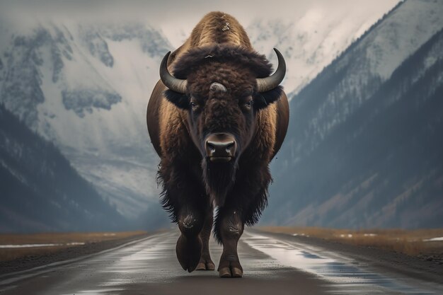 Foto un bisonte caminando por una carretera.