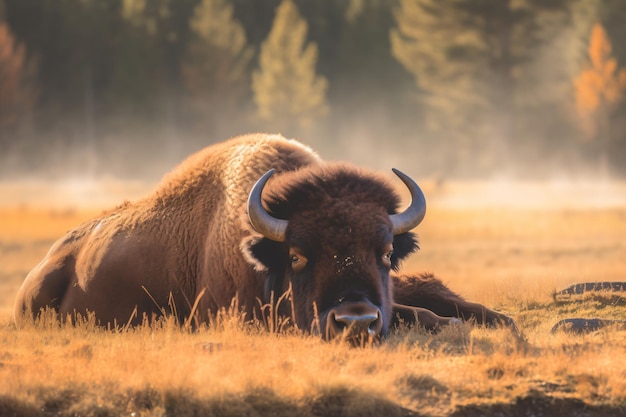 Bisonte en un campo con fondo brumoso