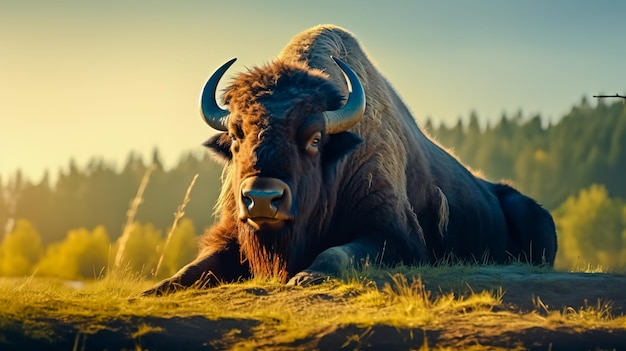 Un bisonte enorme descansando en la sombra bajo un árbol Buffalo en Wildlife