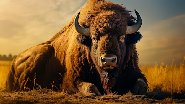 Un bisonte enorme descansando en la sombra bajo un árbol Buffalo en Wildlife