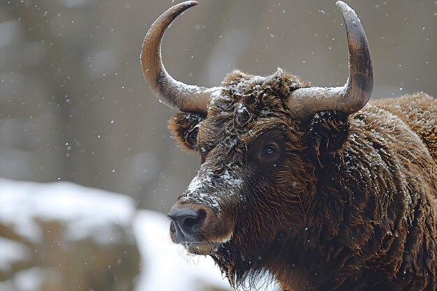 El bisonte de grandes cuernos de pie en la nieve