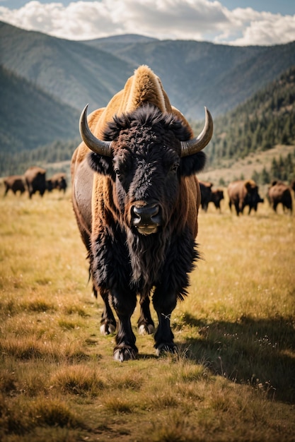 Bisonte de pie majestuoso en la pradera llana