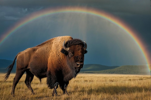 El bisonte vaga por la llanura con el arco iris de la montaña