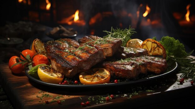 bistec ahumado con salsa de barbacoa derretida sobre un fondo negro