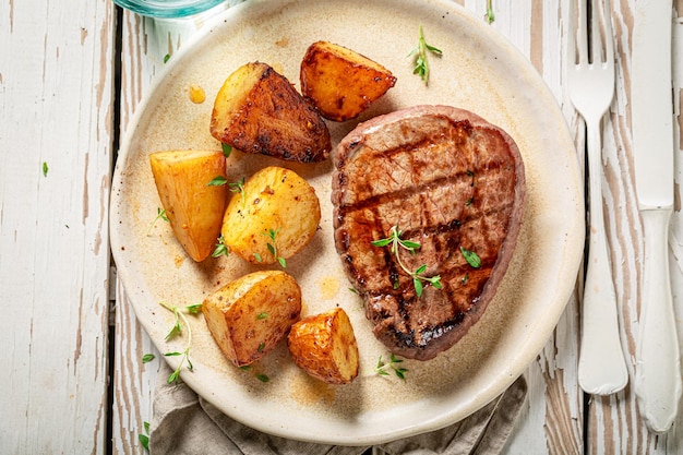 Bistec asado con papas y servido con agua