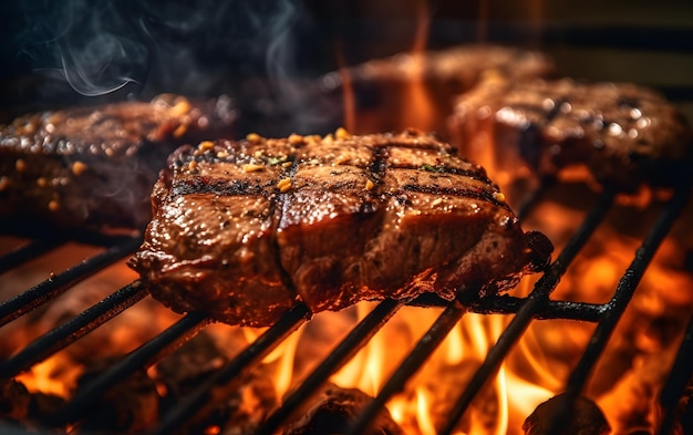 Un bistec asado a la parrilla con llamas y humo