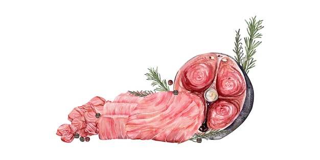 bistec de atún crudo en rodajas y cubos con pimienta negra y ramas de romero