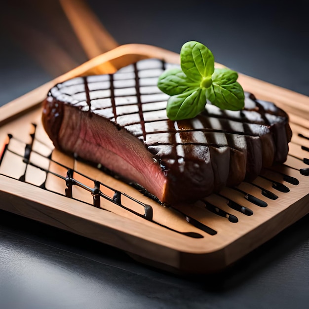 Un bistec en una bandeja de madera con una ramita de menta.