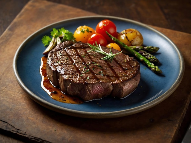 bistec de barbacoa con tenedor de carne y verduras a la parrilla