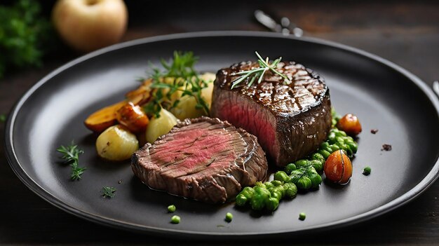 Foto bistec de bisonte con patatas y verduras verdes