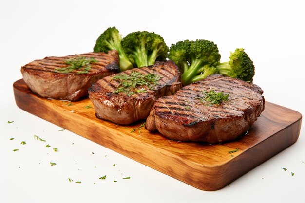 bistec con brócoli en una tabla de madera aislada sobre un fondo blanco