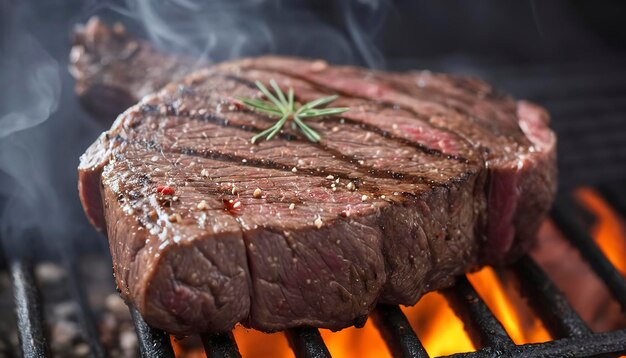 bistec de carne asada con especias en la parrilla con humo