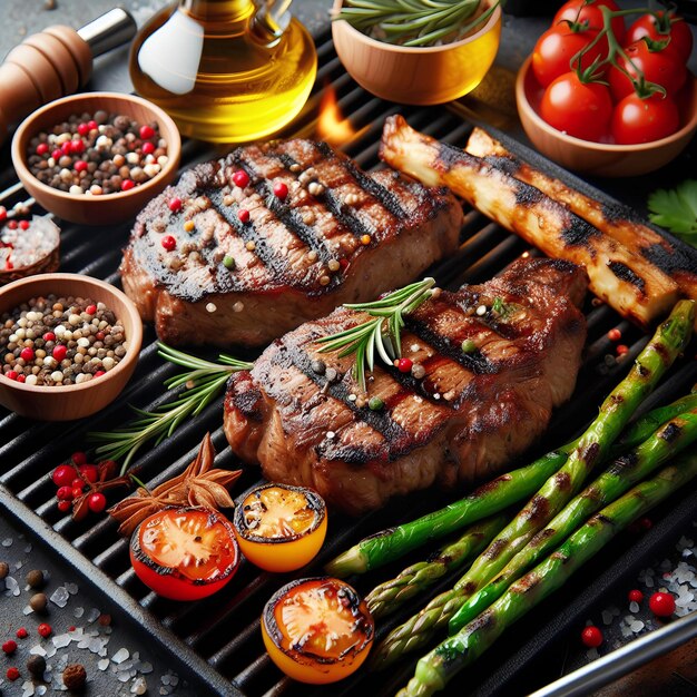 bistec de carne asada a la parrilla con romero y verduras