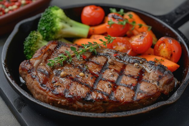 bistec de carne asada con verduras asadas con zanahorias tomates en una sartén de hierro fundido AI Generado