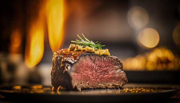 bistec de carne asada con verduras en la parrilla en llamas