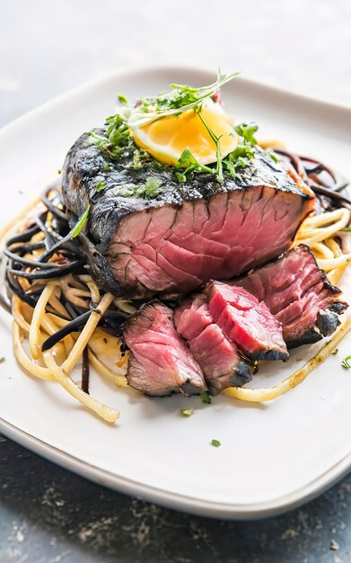 bistec de carne de atún a la parrilla con espagueti negro en el punto de enfoque suave