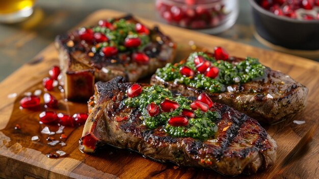 bistec de carne de canguro con pesto verde y granada