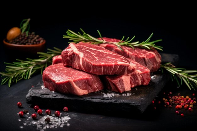 bistec de carne cruda en la tabla de cortar con hierbas y especias en fondo negro