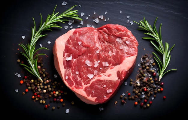 bistec de carne marmolada en forma de corazón y romero en fondo oscuro