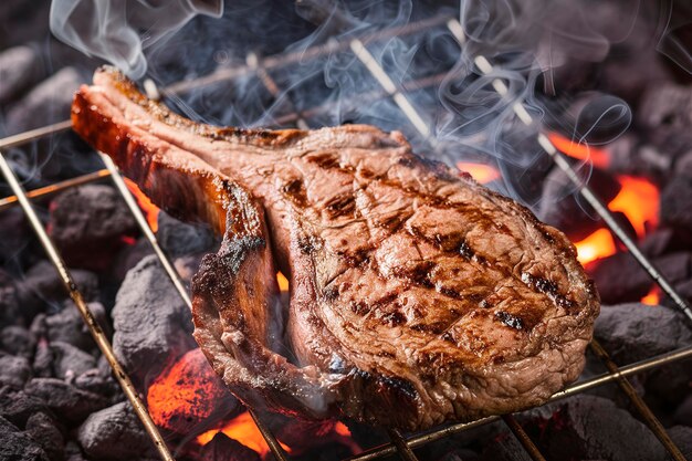 bistec de carne a la parrilla carne en las brasas con humo