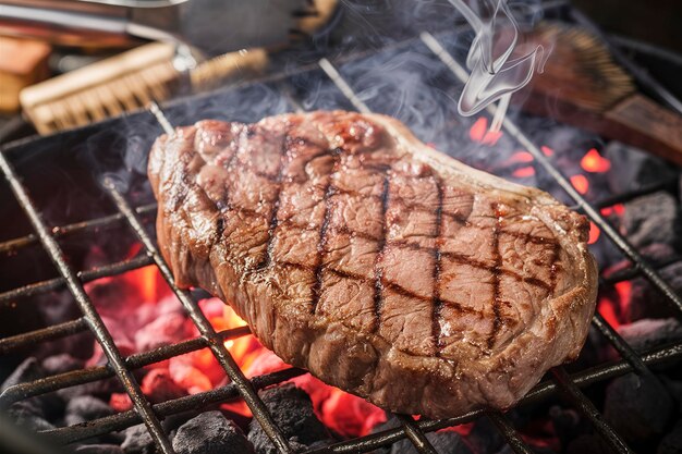 bistec de carne a la parrilla carne en las brasas con humo