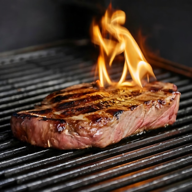 bistec de carne a la parrilla en un depósito de parrilla inoxidable con llamas en un fondo oscuro Concepto de comida y cocina