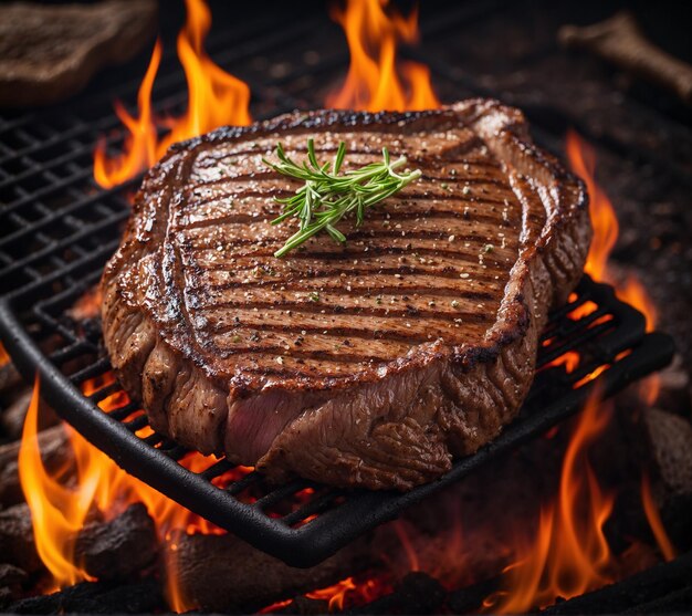 bistec de carne a la parrilla en una parrilla de barbacoa con llamas y romero