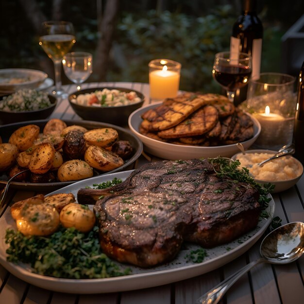 Foto bistec de carne a la parrilla con patatas y verduras en una mesa de madera