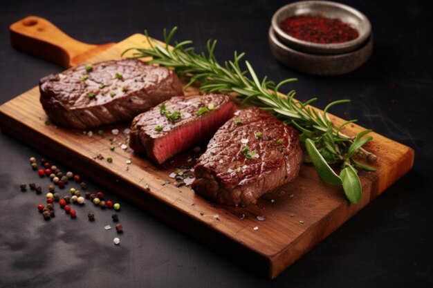 bistec de carne a la parrilla con romero y especias en una tabla de madera