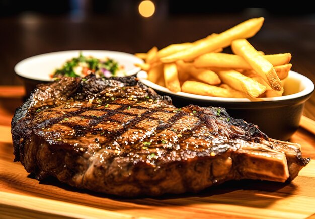 bistec de carne a la parrilla con salsa en una tabla de madera