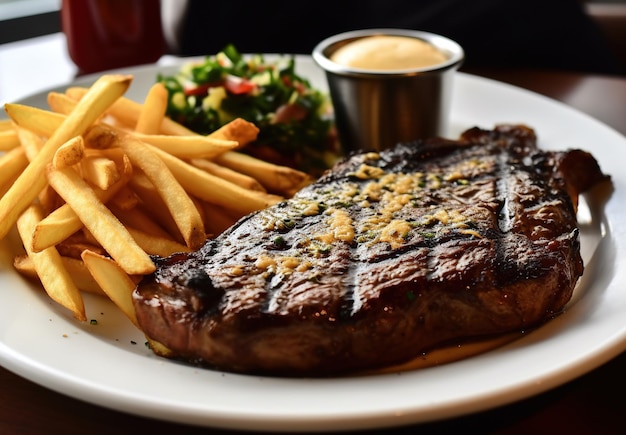 bistec de carne a la parrilla con salsa en una tabla de madera