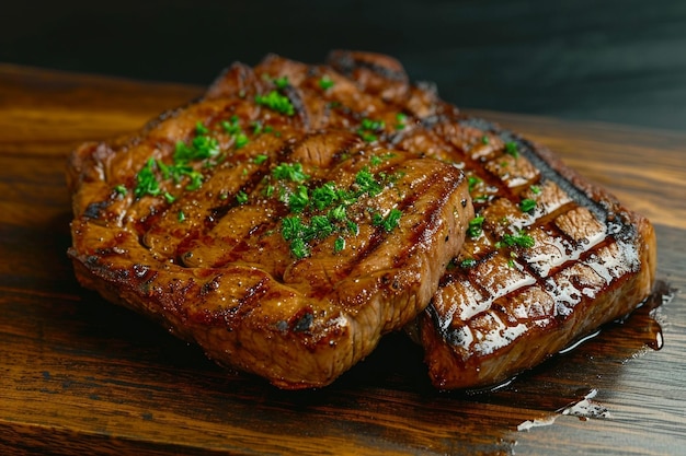 bistec de carne a la parrilla en la superficie de madera oscura