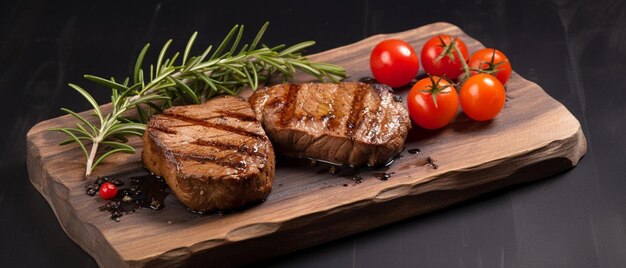 Foto bistec de carne a la parrilla en una tabla de madera con tomates y romero aislados sobre un fondo blanco