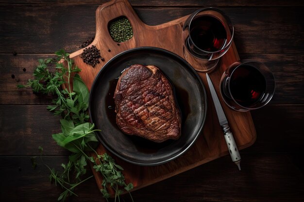 bistec de carne en el plato con vino tinto