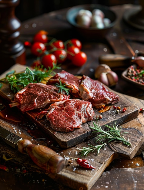 bistec de carne de res crudo y condimentos en tabla de corte de madera