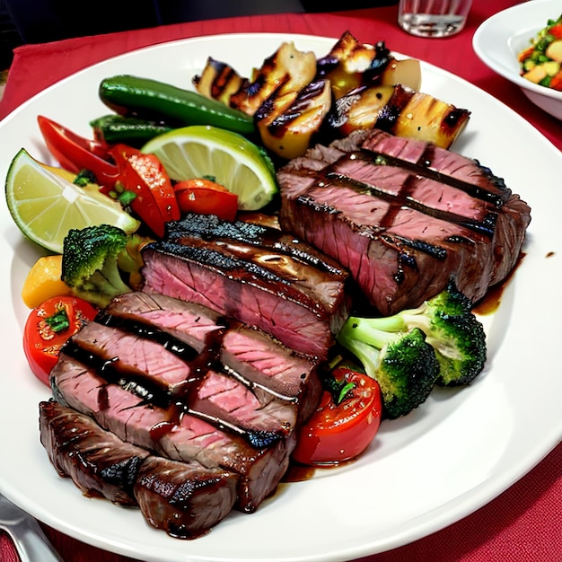 bistec de carne de res y verduras a la parrilla en la tabla de cortar