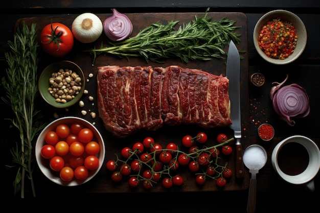 bistec de carne y verduras en la parrilla