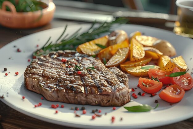 Foto bistec de carne con verduras y patatas fritas