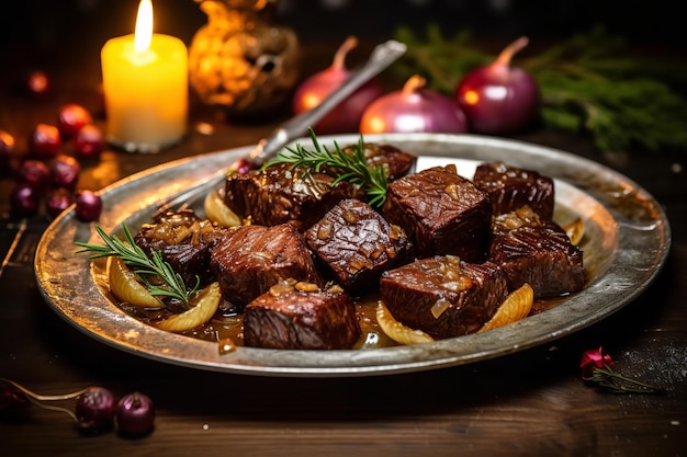 Bistec con cebolla y hojas de laurel cena de Navidad