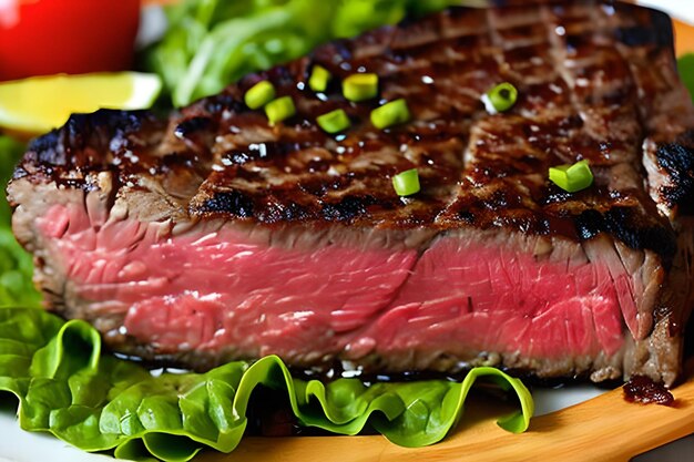 Un bistec con cebollas verdes está en un plato.