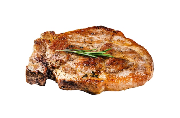 bistec de cerdo a la parrilla con hueso aislado sobre un fondo blanco vista de arriba