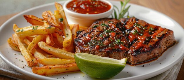 bistec de cerdo a la parrilla con patatas fritas en un plato blanco