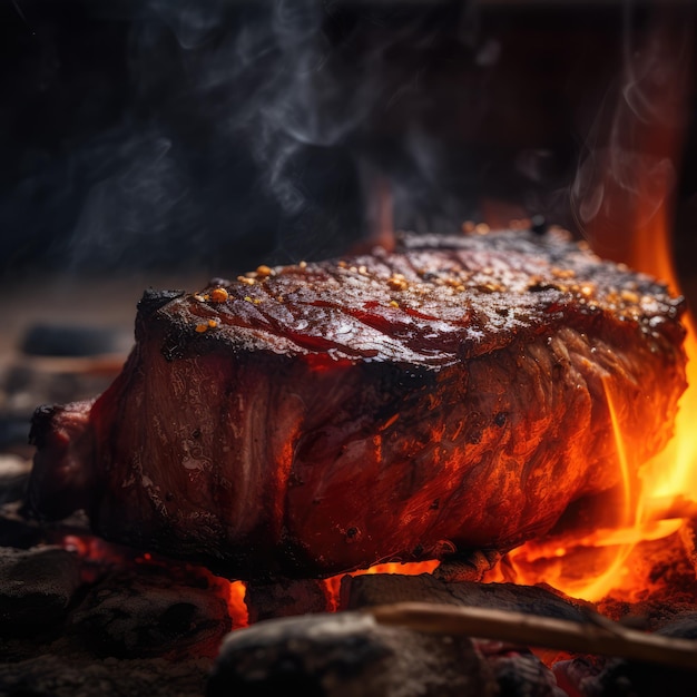 Un bistec chisporroteante en una barbacoa ahumada con carbón rojo ai generativo